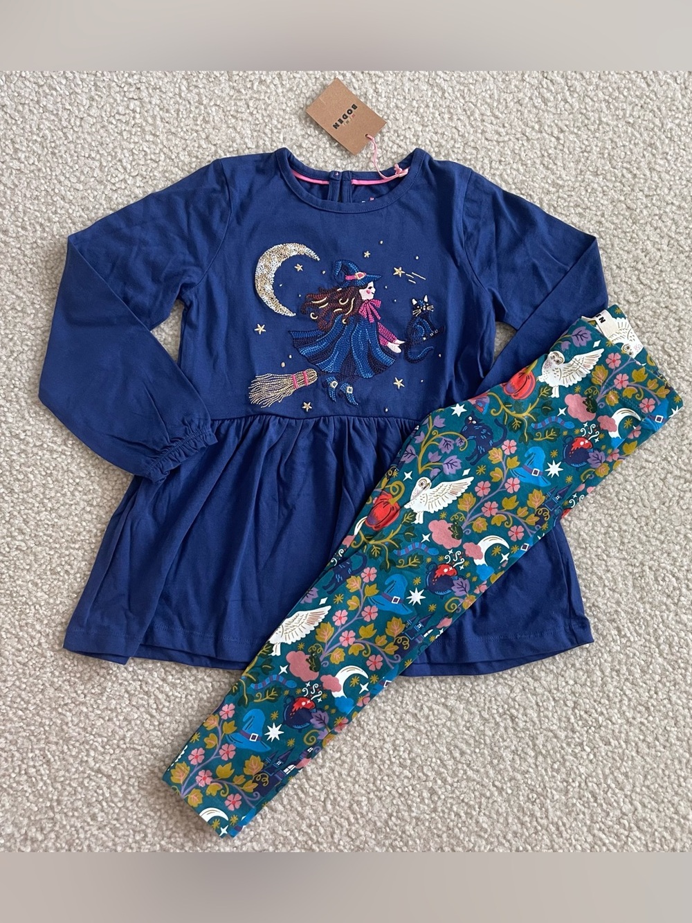 NWT Mini Boden Girls 2pc Tunic & Leggings Set Witch Halloween Blue 5-6y